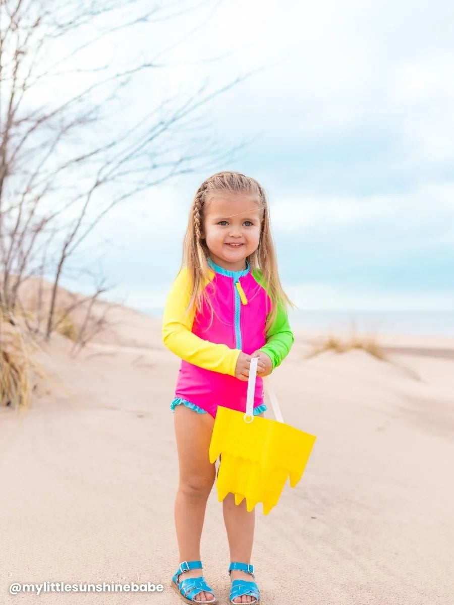 Ruffle Butts Neon Color Block Long Sleeve One Piece Rash Guard Swimsuit