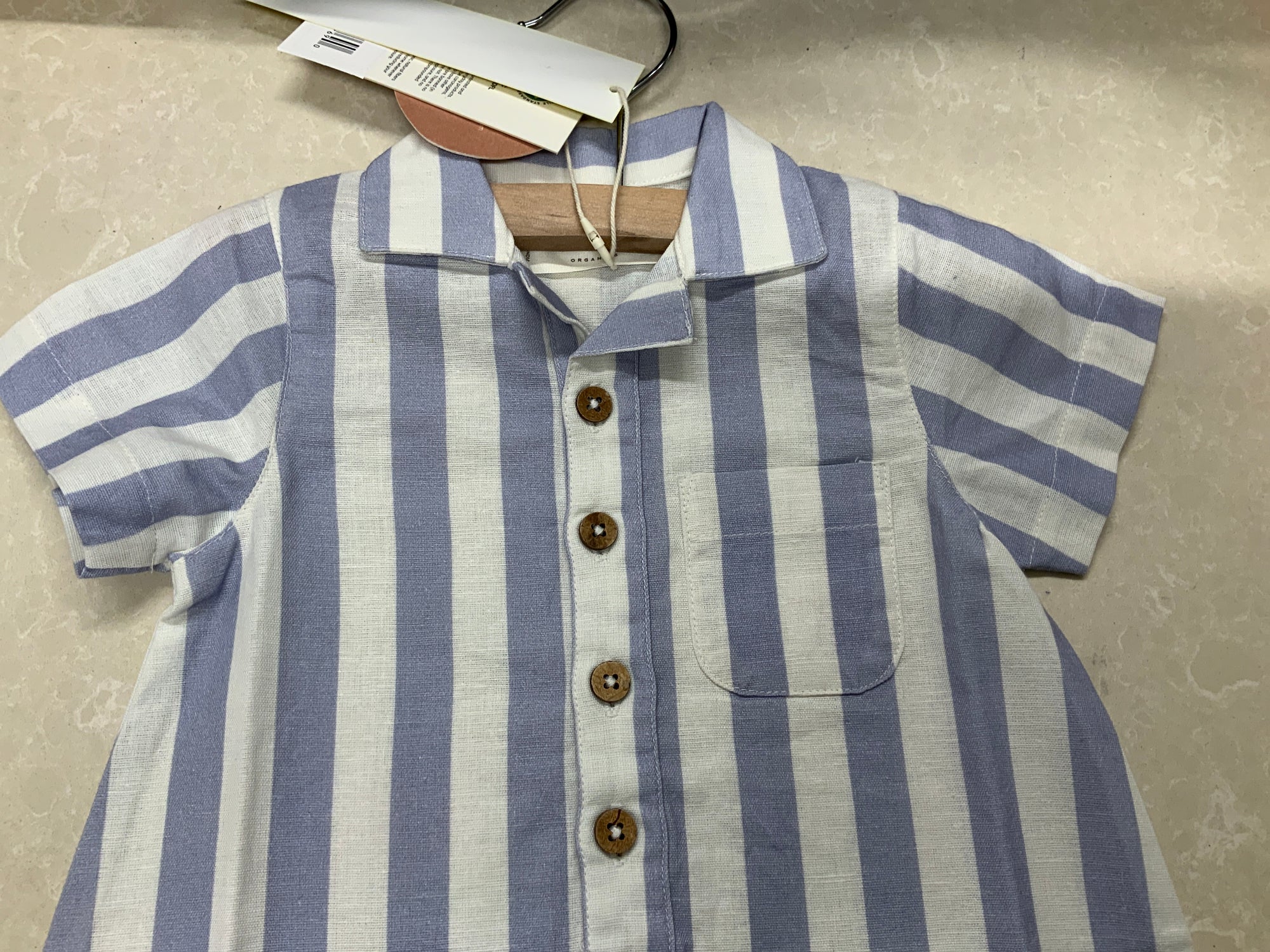 MakeMake Organic Collared Romper - Blue Stripe