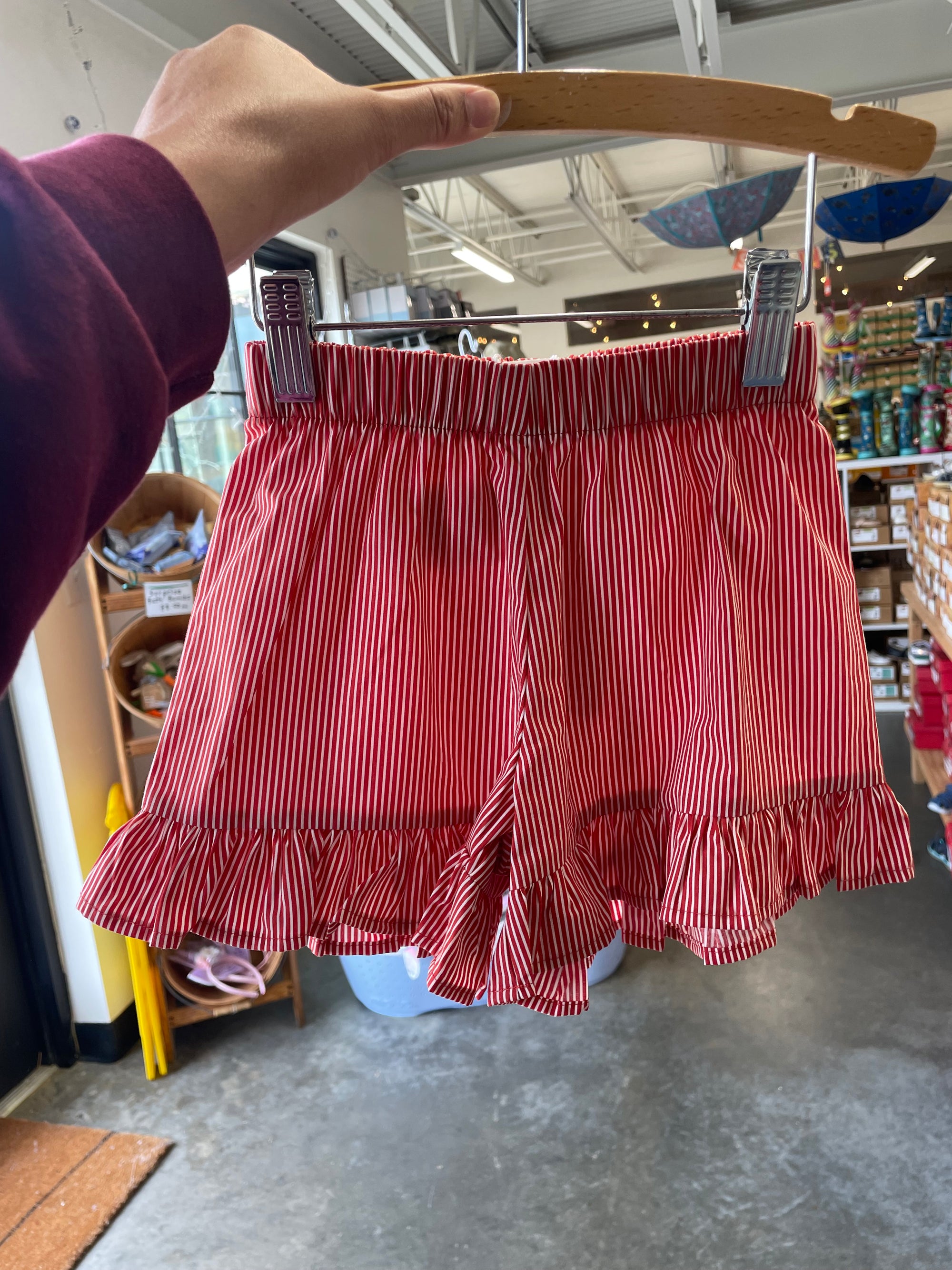 Müsli By Green Cotton Poplin Stripe Frill Shorts - White/Red Stripe