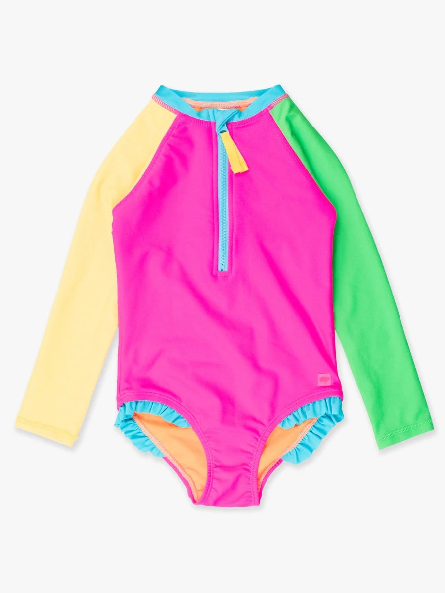 Ruffle Butts Neon Color Block Long Sleeve One Piece Rash Guard Swimsuit