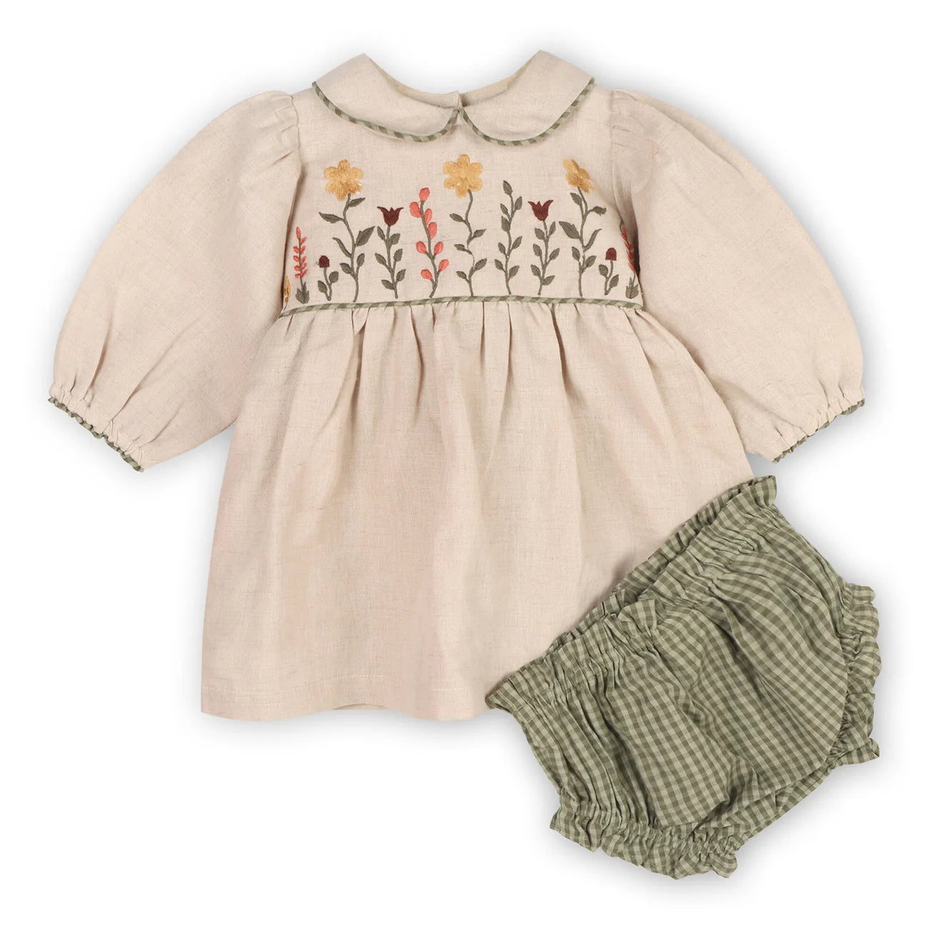Viverano Floral Peter Pan Baby Dress & Fancy Bloomer (Linen Blend)