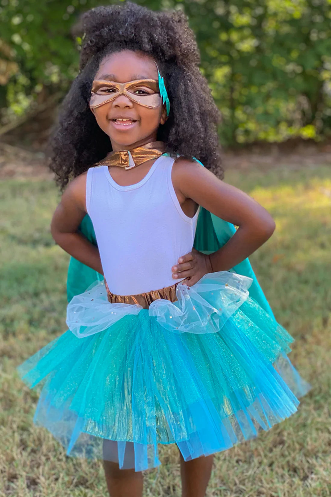 Great Pretenders Super-Duper Tutu, Cape, & Mask in Teal/Copper, Size 4-6