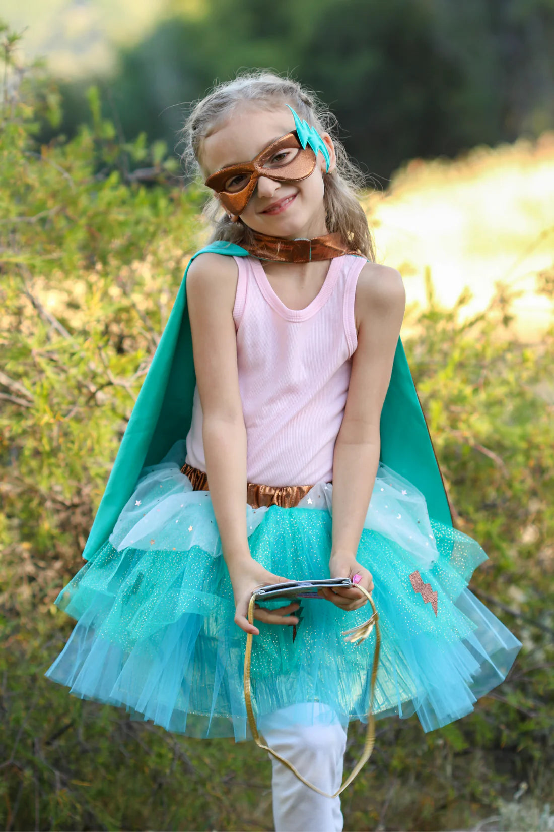 Great Pretenders Super-Duper Tutu, Cape, & Mask in Teal/Copper, Size 4-6