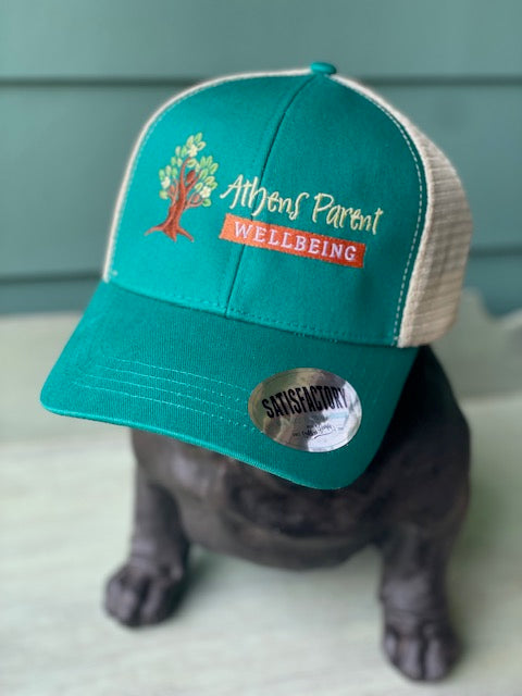 Athens Parent Wellbeing Embroidered Logo Trucker Hat in Emerald