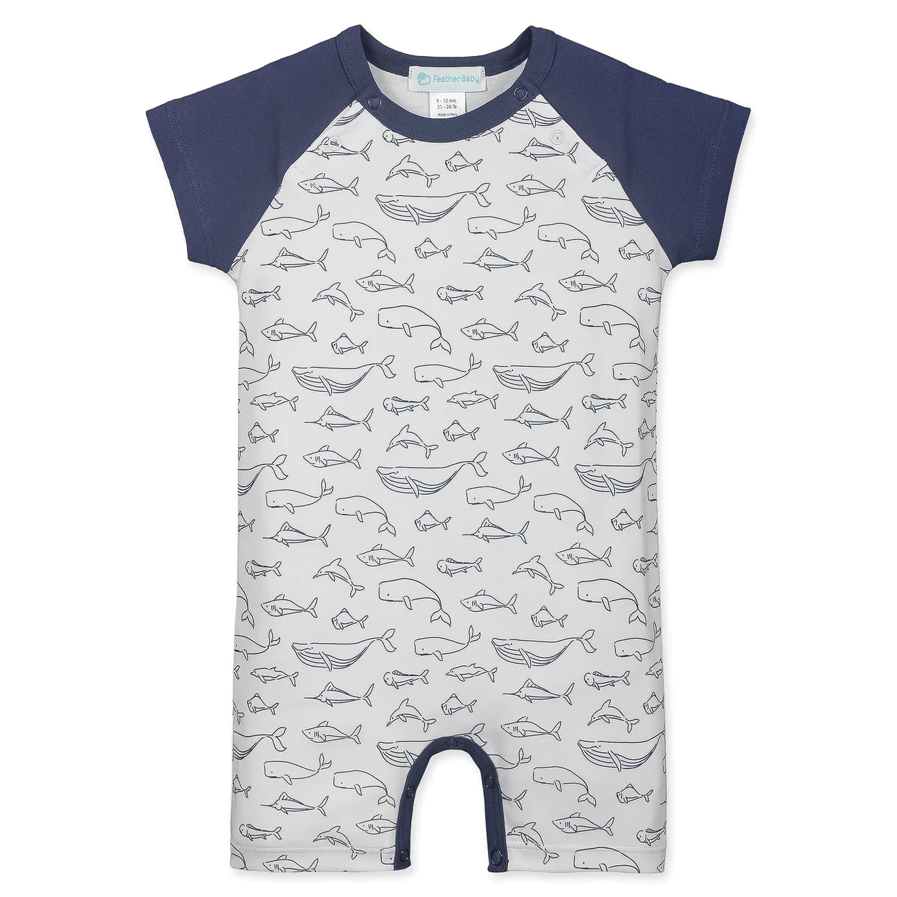 Feather Baby Sailor Romper - Big Fish & Whales on White