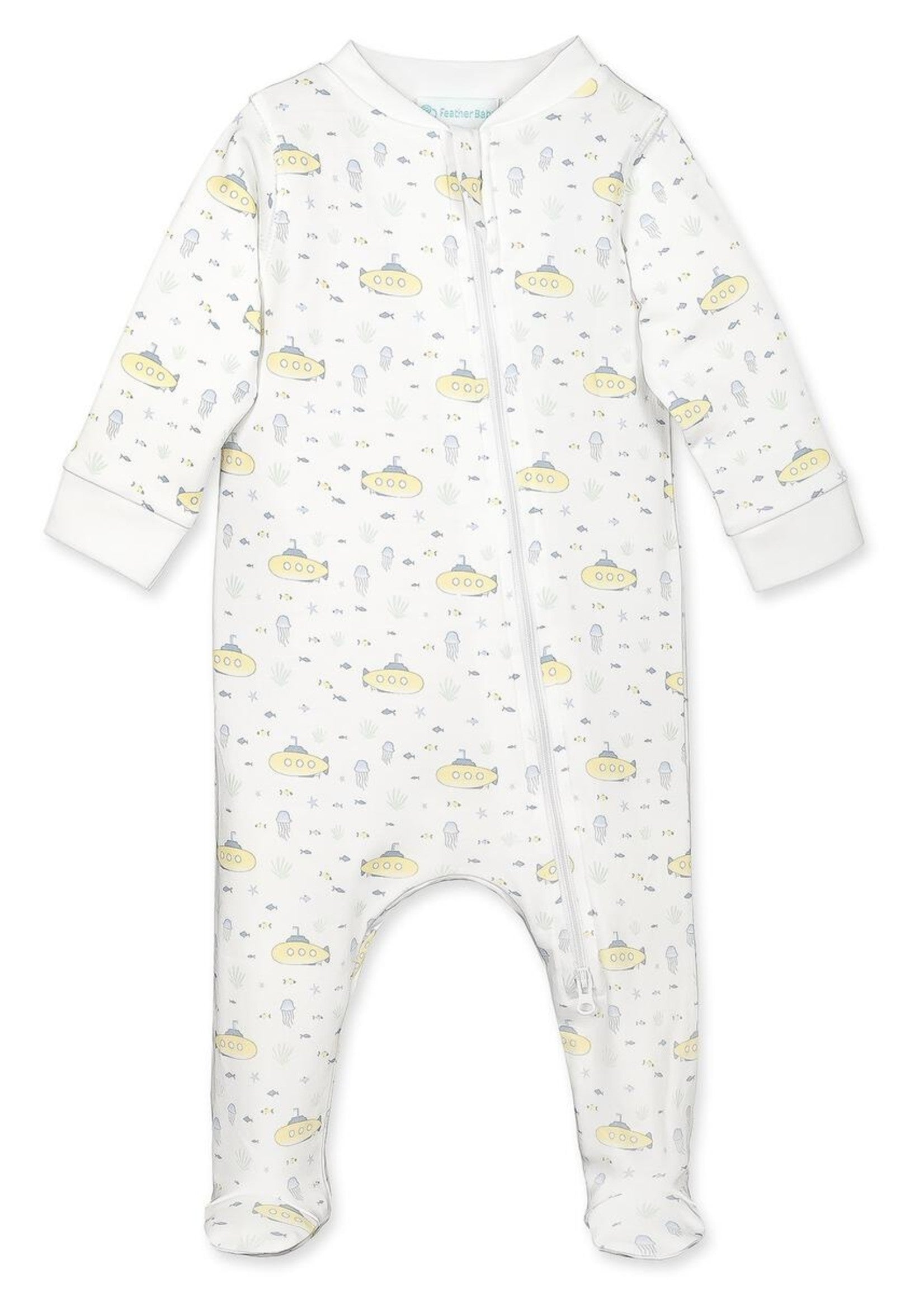 Feather Baby Zipper Footie - Submarines on White