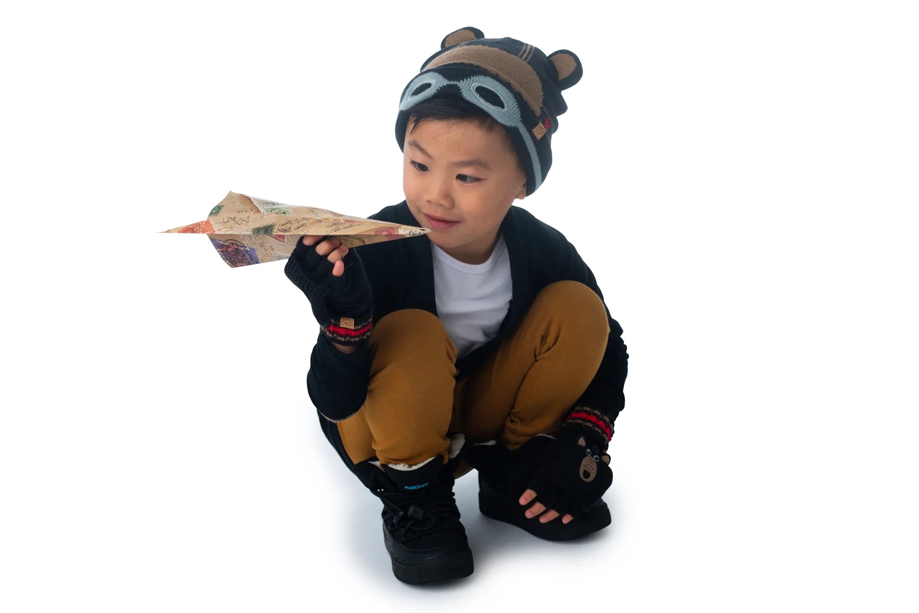 Flap Jack Kids Knitted Toque Beanie Hat- Black Bear M/L