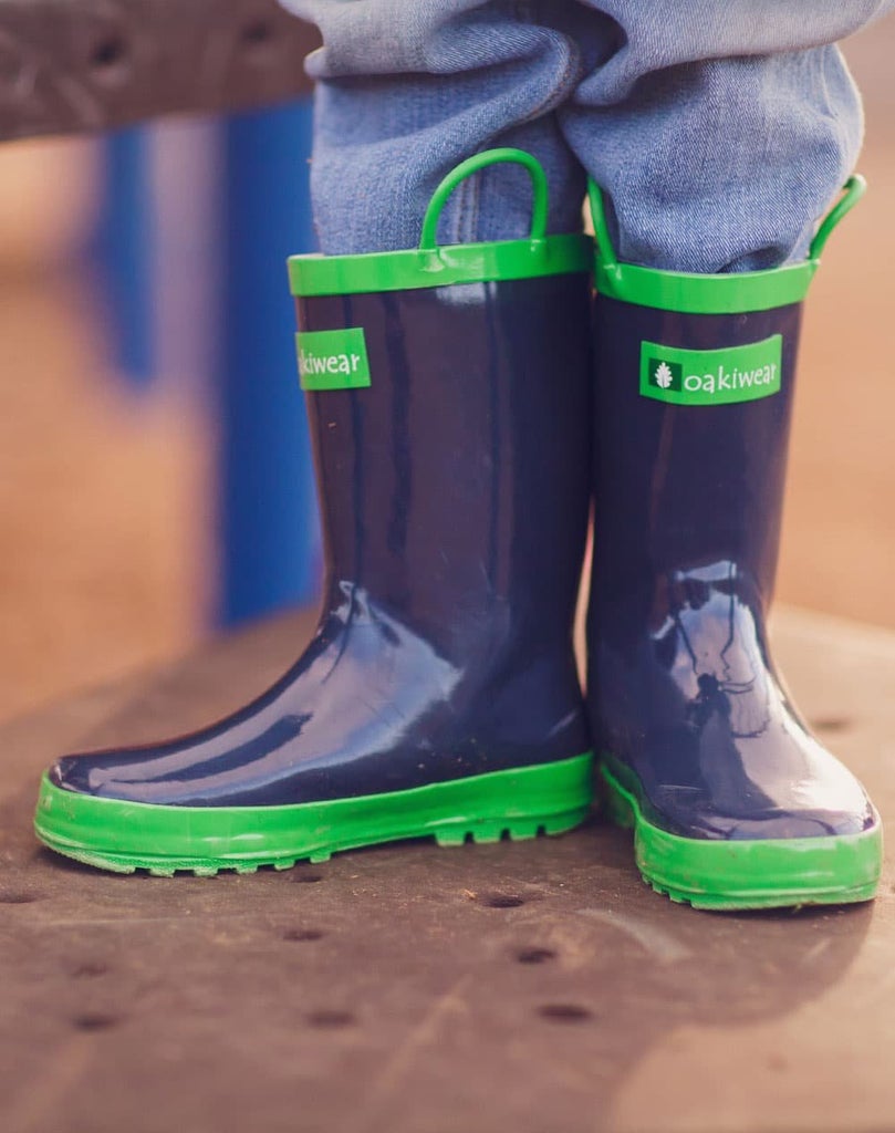 Oakiwear Loop Handle Rubber Rain Boots - Navy Blue & Green