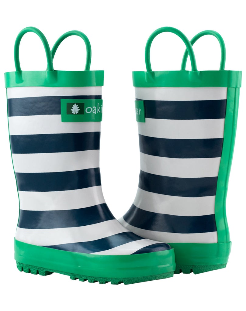 Oakiwear Loop Handle Rubber Rain Boots - Blue Green & White Stripes