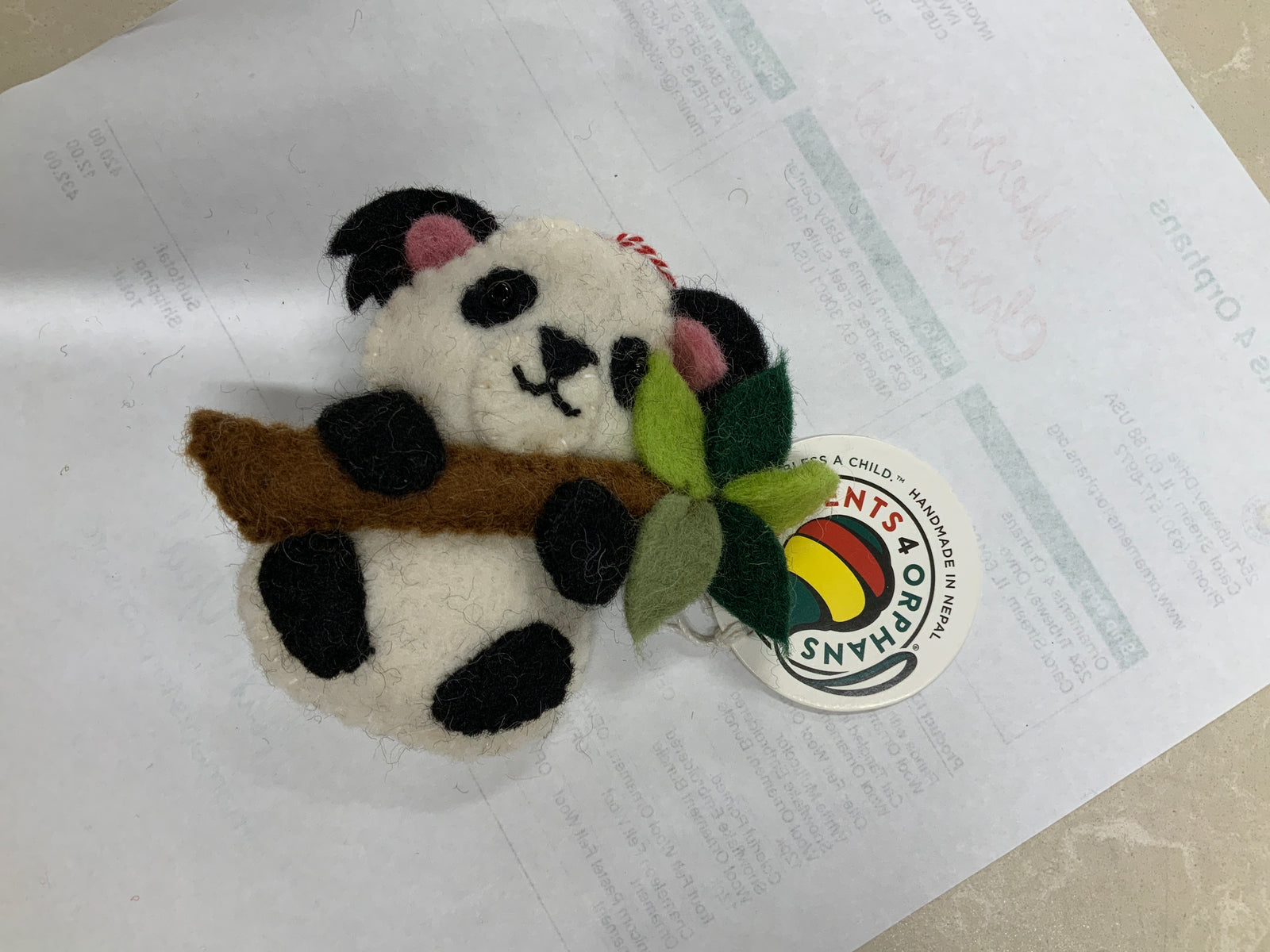 Ornaments for Orphans Panda Embroidered Wool Ornament