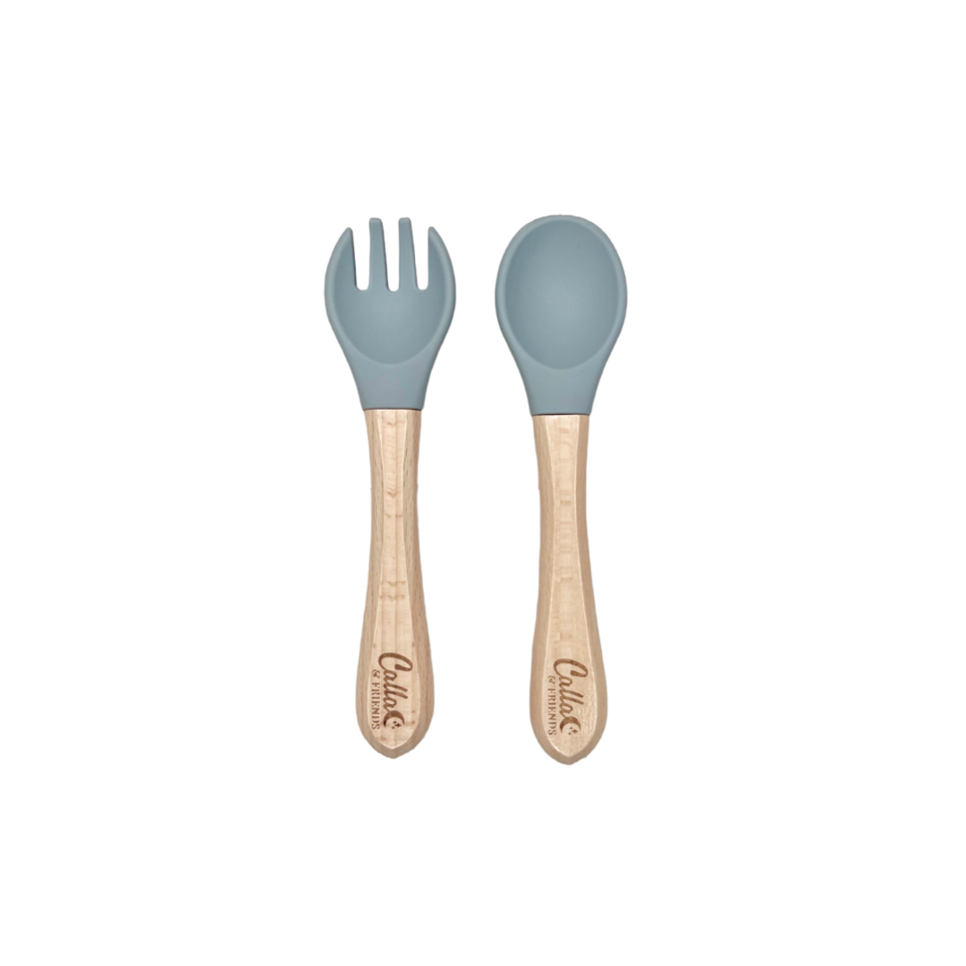 Silicone & Beechwood Toddler Utensil Set: Cloud Gray