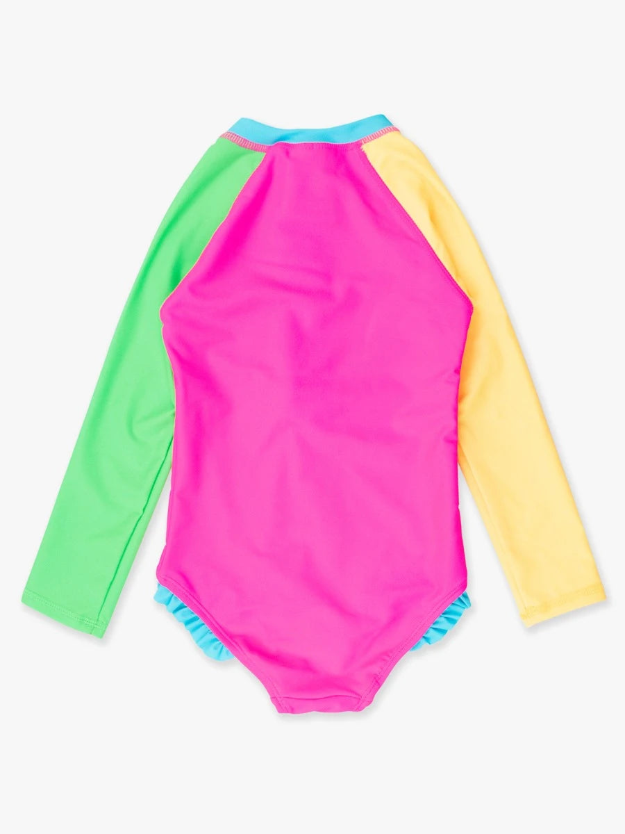 Ruffle Butts Neon Color Block Long Sleeve One Piece Rash Guard Swimsuit
