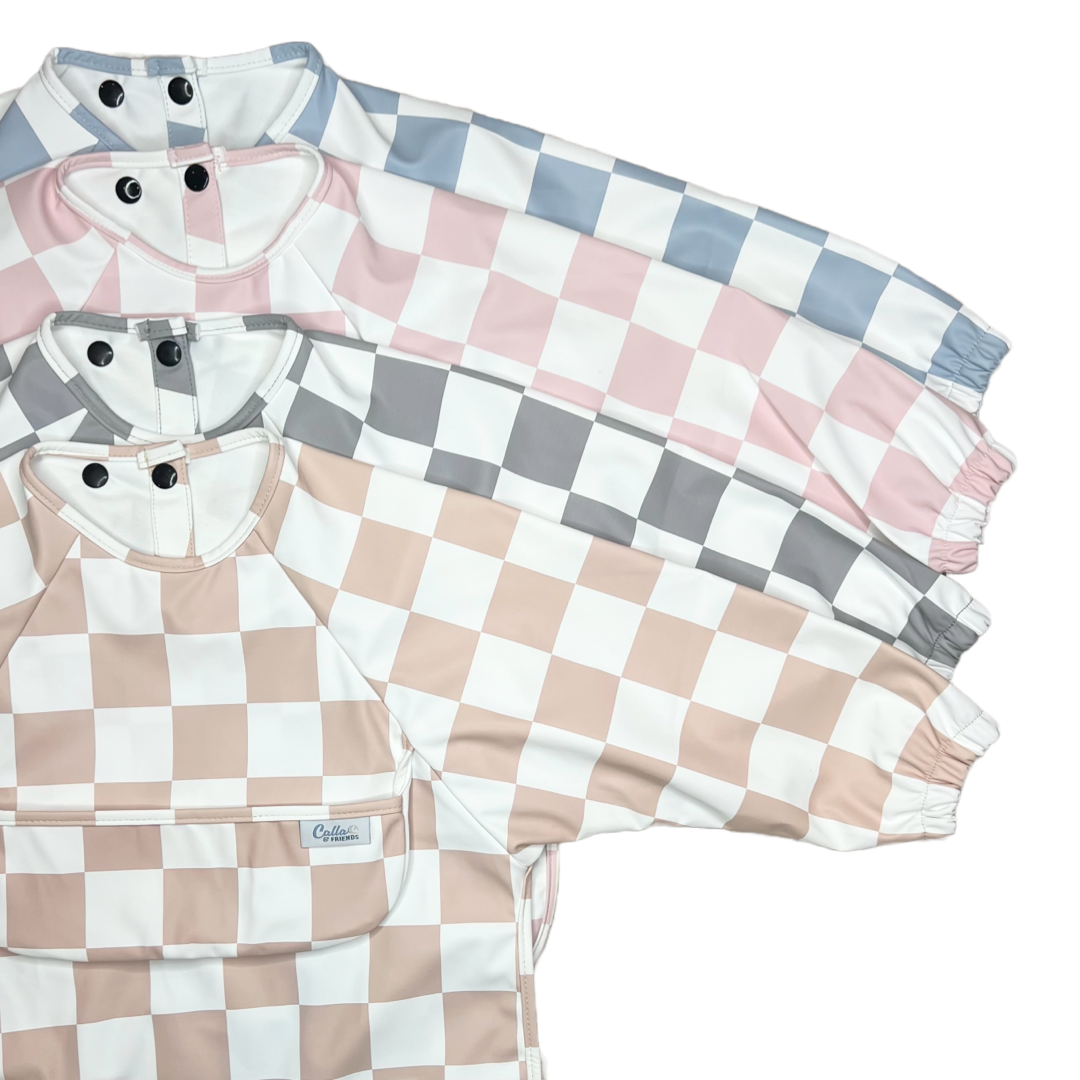 The Grayson Long Sleeve Bib - Checkered: Petal Pink