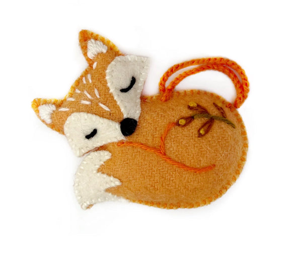 Ornaments for Orphans Sleeping fox Embroidered Wool Ornament