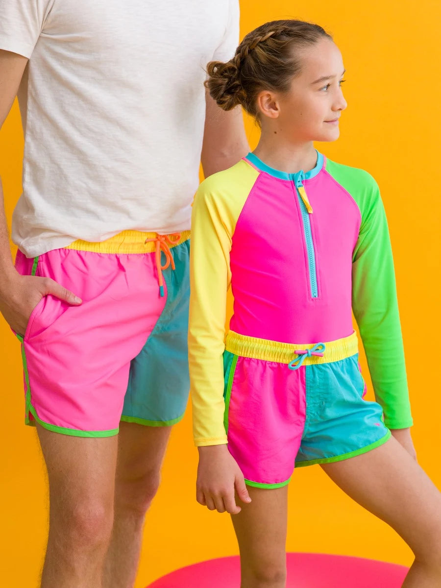 Ruffle Butts Neon Color Block Long Sleeve One Piece Rash Guard Swimsuit