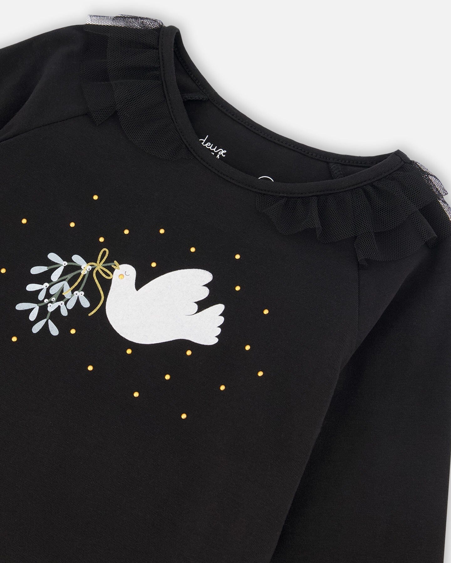 Deux par Deux Long Sleeve Organic Cotton Printed Top with Frills - Anthracite / Black