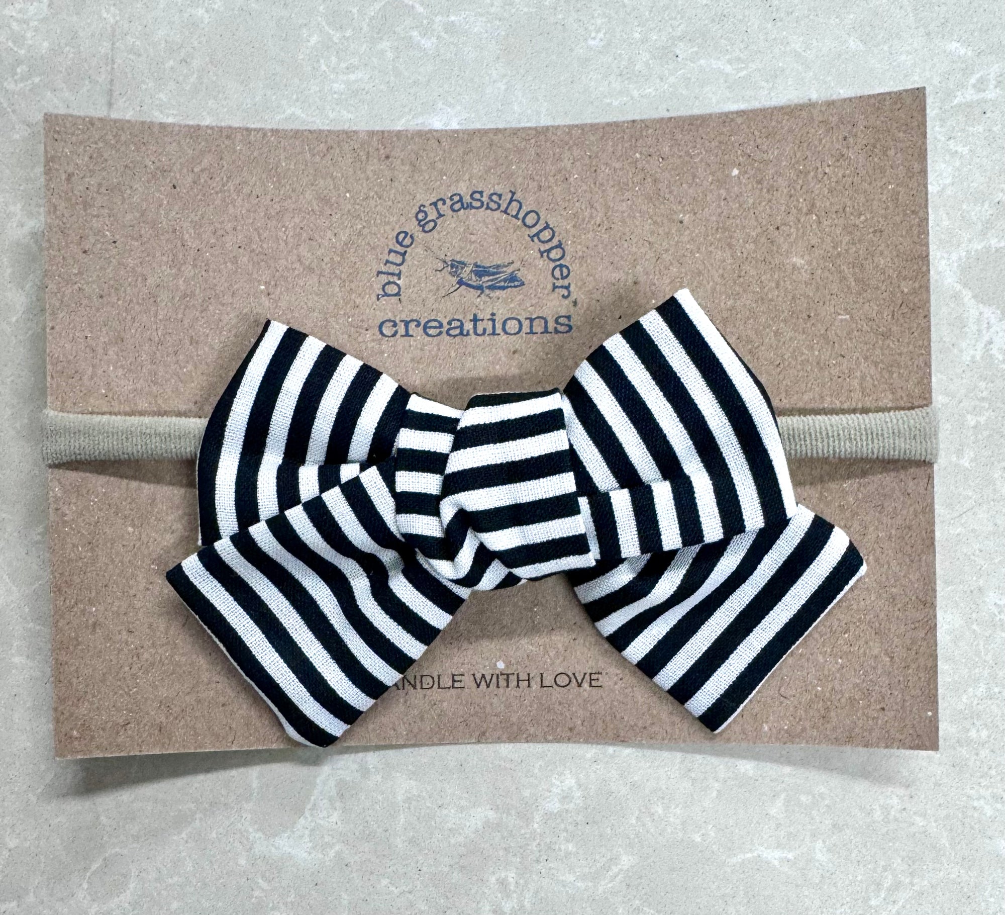 Blue Grasshopper Creation Medium Handtied Bow with Nylon Headband - Black & White Stripe