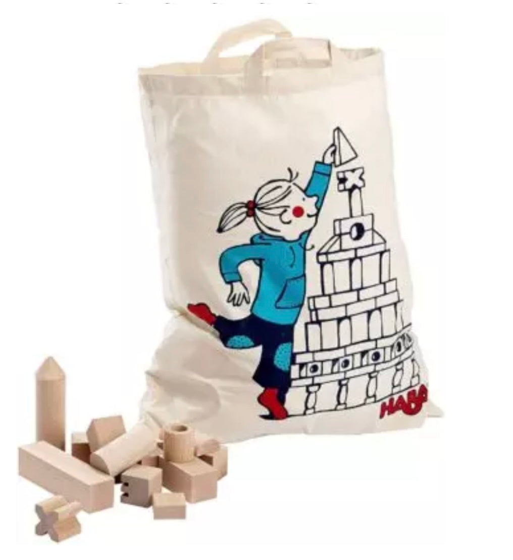 Resale HABA Basic Building
Blocks 102 Piece Extra
Large Wooden Starter
Set with Tote Bag
