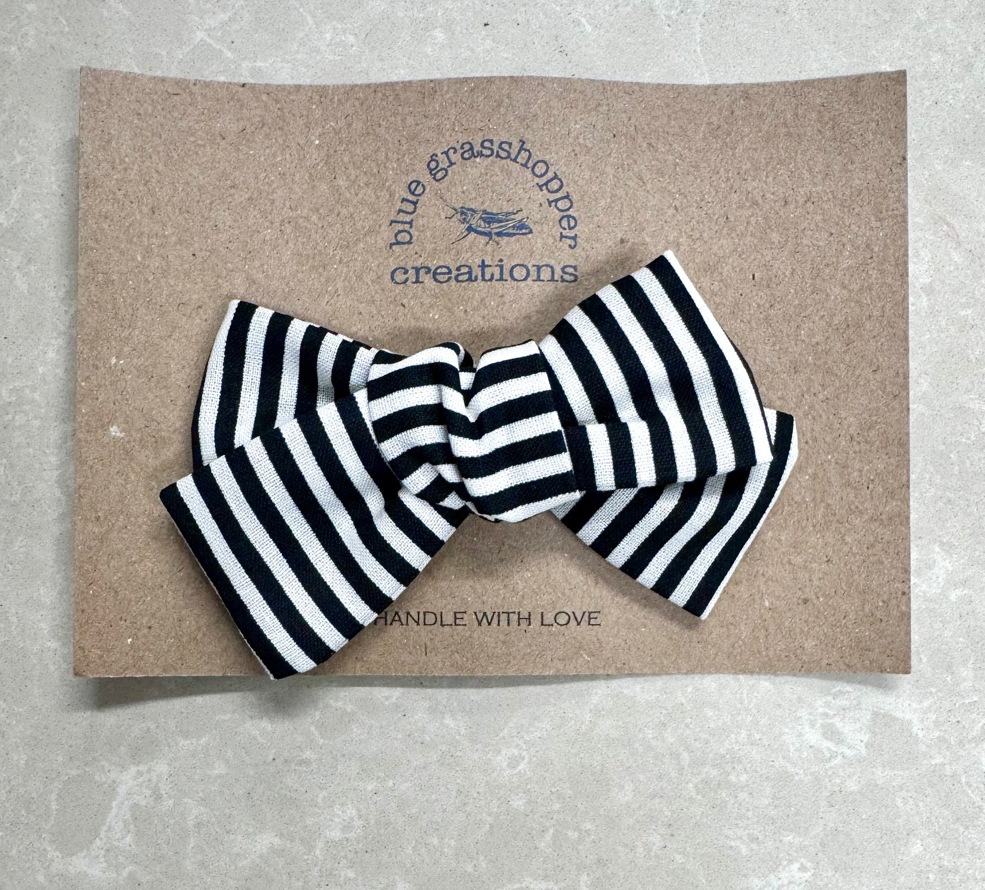 Blue Grasshopper Creation Medium Handtied Bow - Black & White Stripe