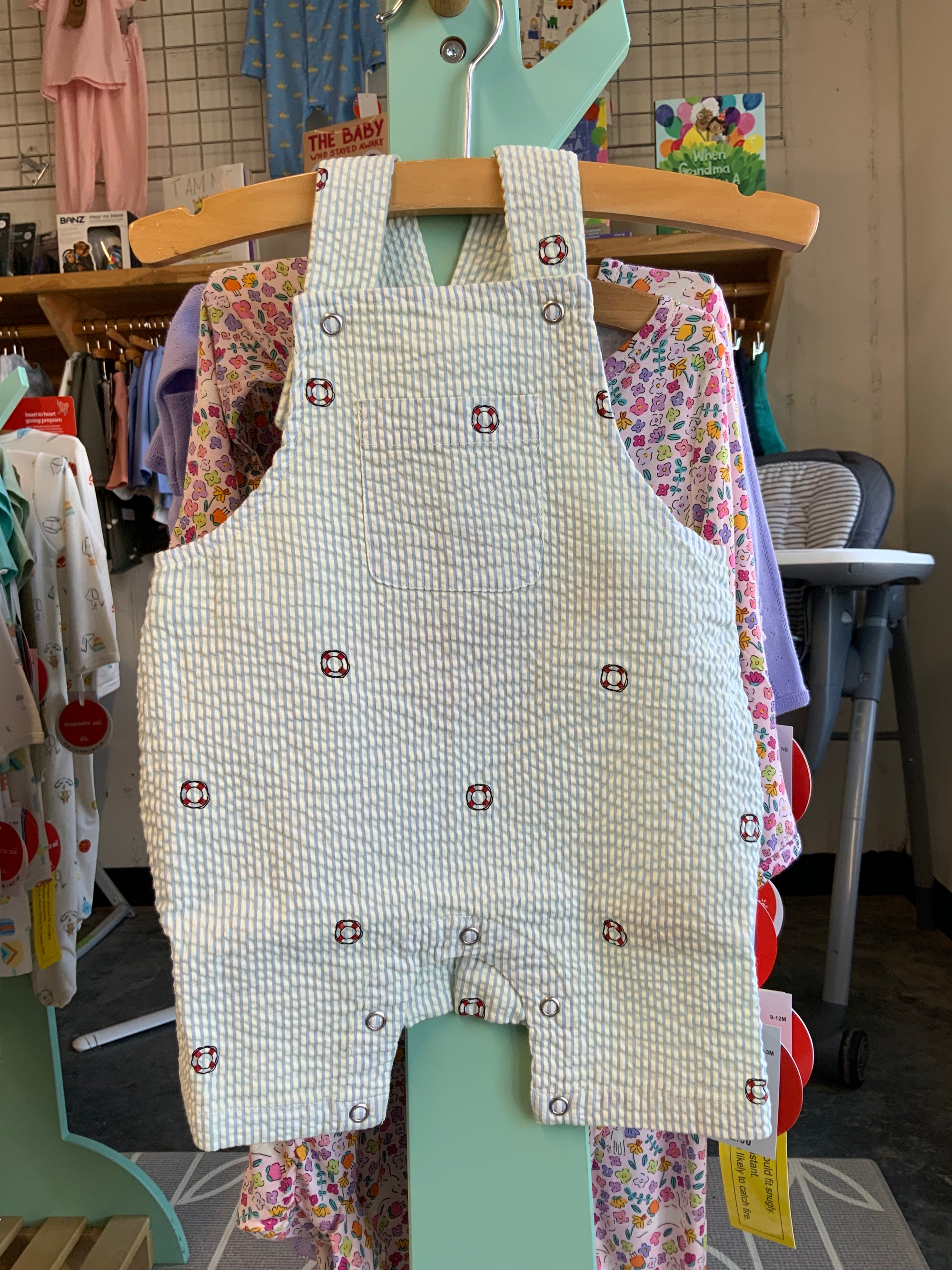 Müsli Seersucker Stripe Overalls - tofu/ocean/mineral red