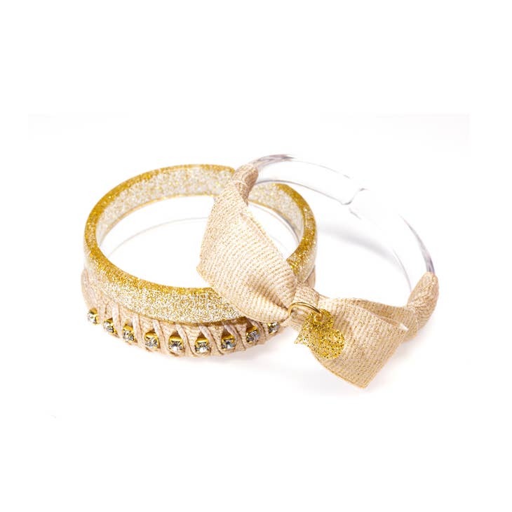 Lilies & Roses Single Fancy  Gold Bangle Bracelet - Gold Fabric Bow / Solid Gold  Sparkle / Solid  Fabric with Gold