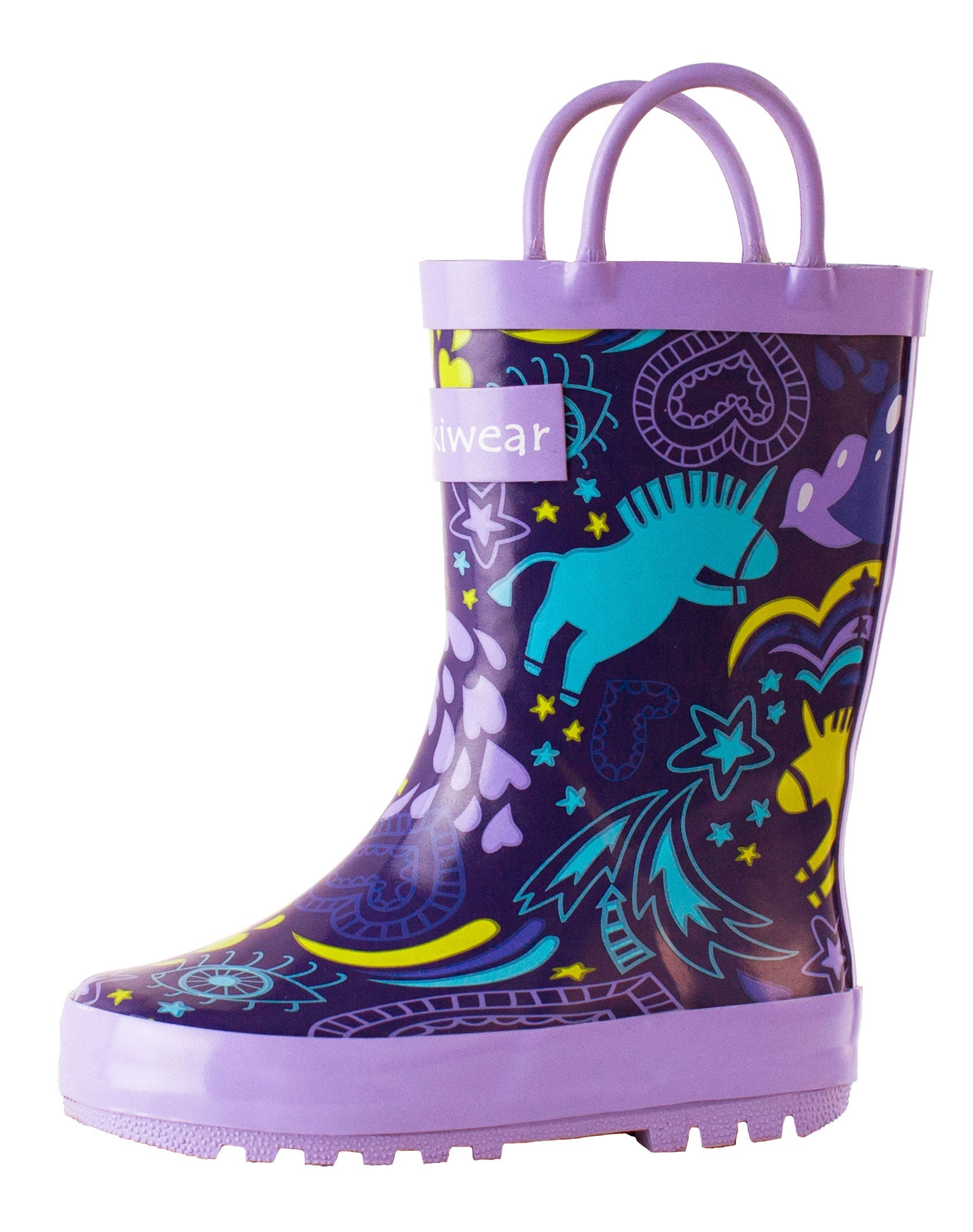 Oakiwear Loop Handle Rubber Rain Boots - Purple Unicorn