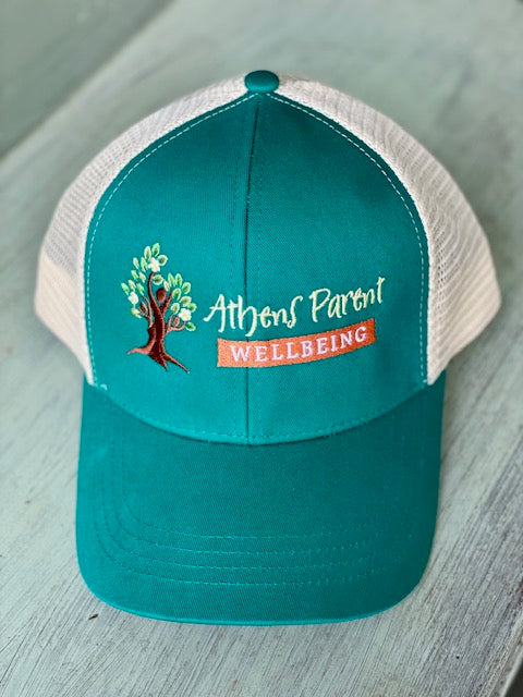 Athens Parent Wellbeing Embroidered Logo Trucker Hat in Emerald