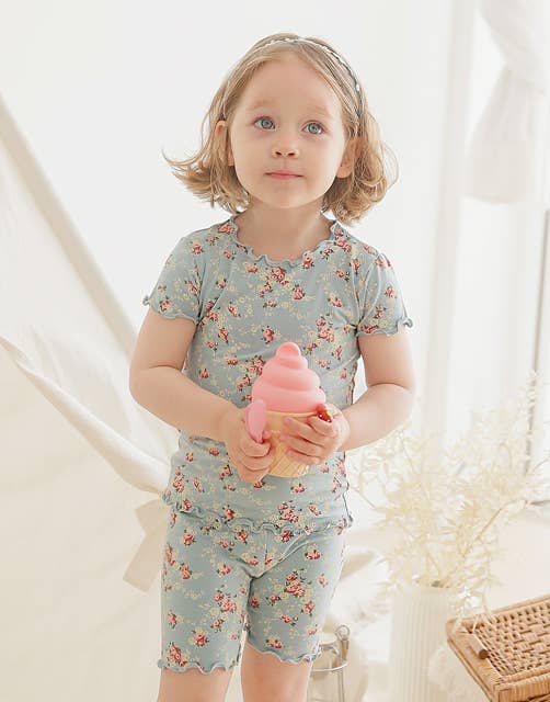 Shirring Flower Mint Short Sleeve PJs: Flower Mint / M(3T)