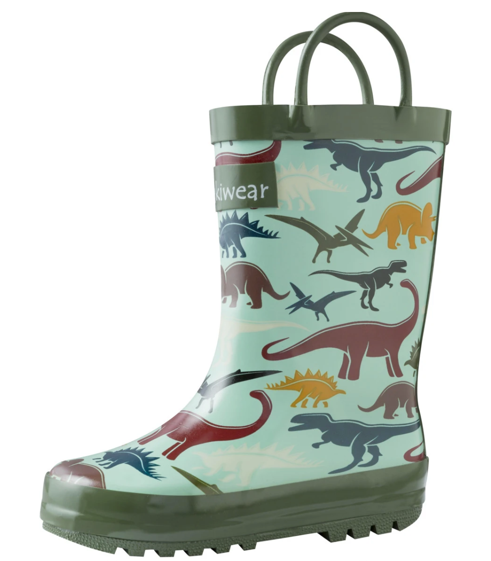 Oakiwear Loop Handle Rubber Rain Boots - Earthy Dinosaurs