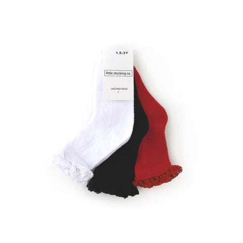 Little Stocking Co. Midi Lace Three Pack Socks - Red Black White