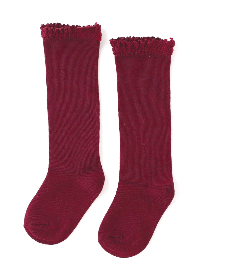 Little Stocking Co. Lace Top Knee High Socks - Crimson