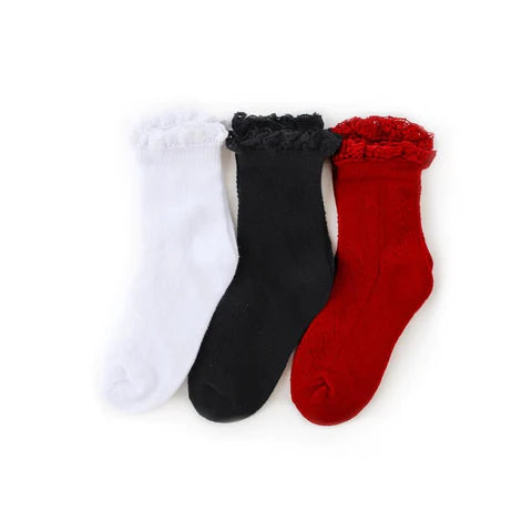 Little Stocking Co. Midi Lace Three Pack Socks - Red Black White