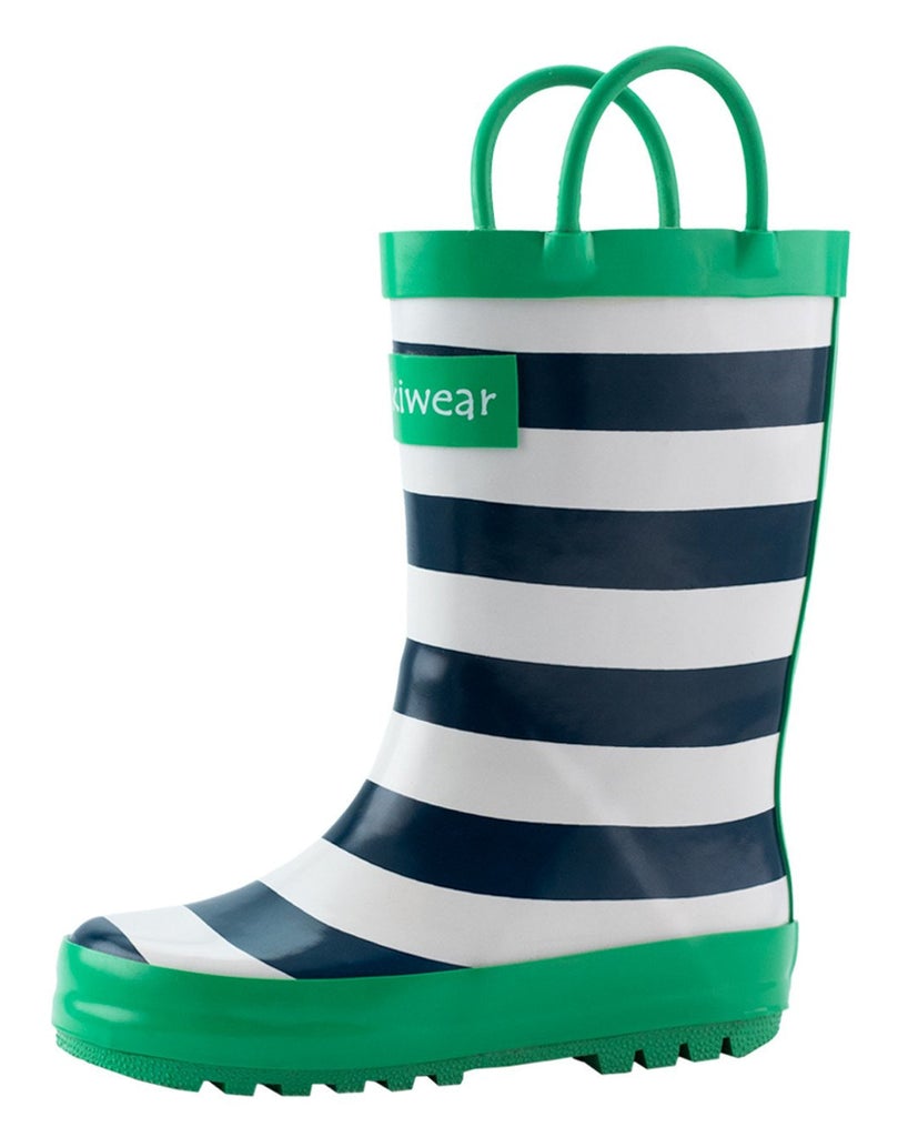 Oakiwear Loop Handle Rubber Rain Boots - Blue Green & White Stripes