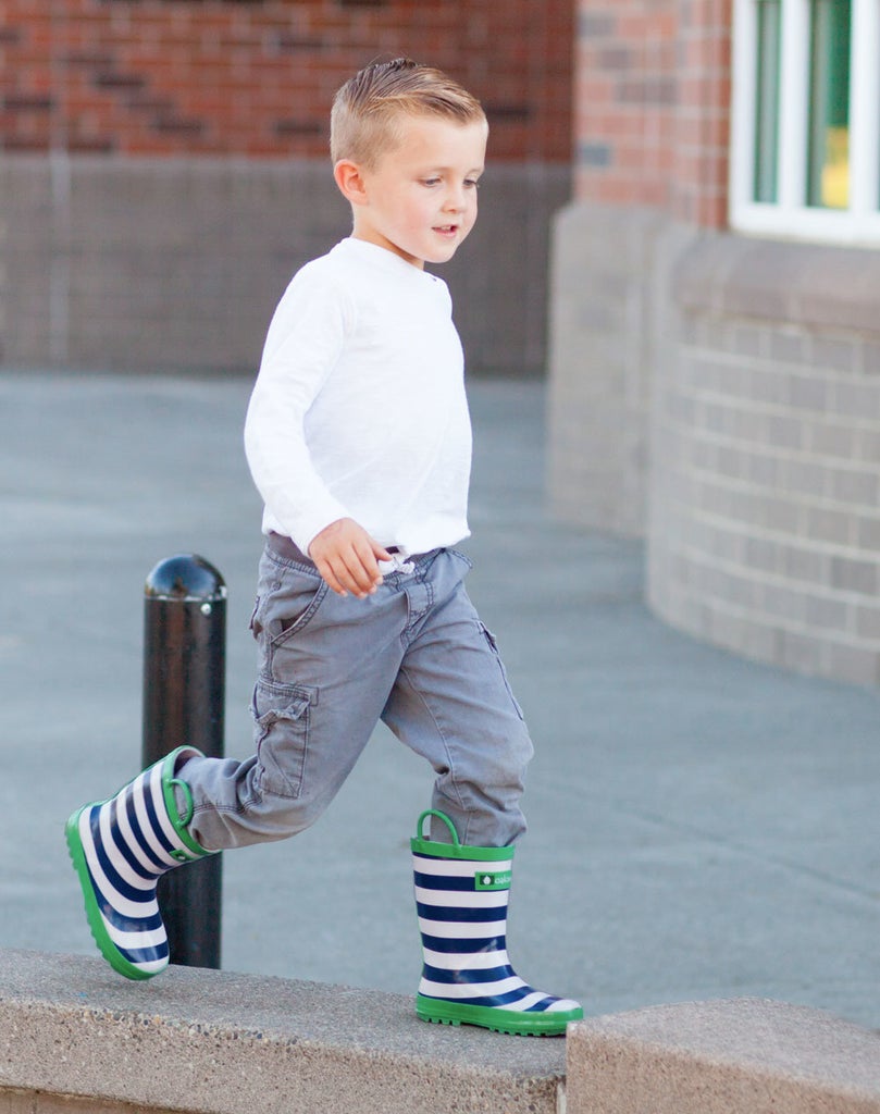 Oakiwear Loop Handle Rubber Rain Boots - Blue Green &amp; White Stripes